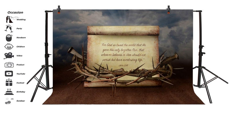 AOFOTO 5x3ft Holy Bible Story Parchment Backdrop Crown Thorns Nails Vintage Paper Scripture Christ Child Jesus Birth Manuscript Background for Photography Christian Church Religious Photo Studio Prop - Image 3